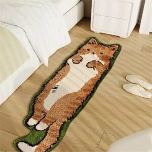 Cat Rugs, 1.3' X 3.9' Small Cute Irregular Shaped Rug for Bedroom Bathroom Room, Funny Cartoon Pet Area Carpet Rugs, Cat Decor Dog Shaped Pet and Entryway Runner Rug (A Green Cat)