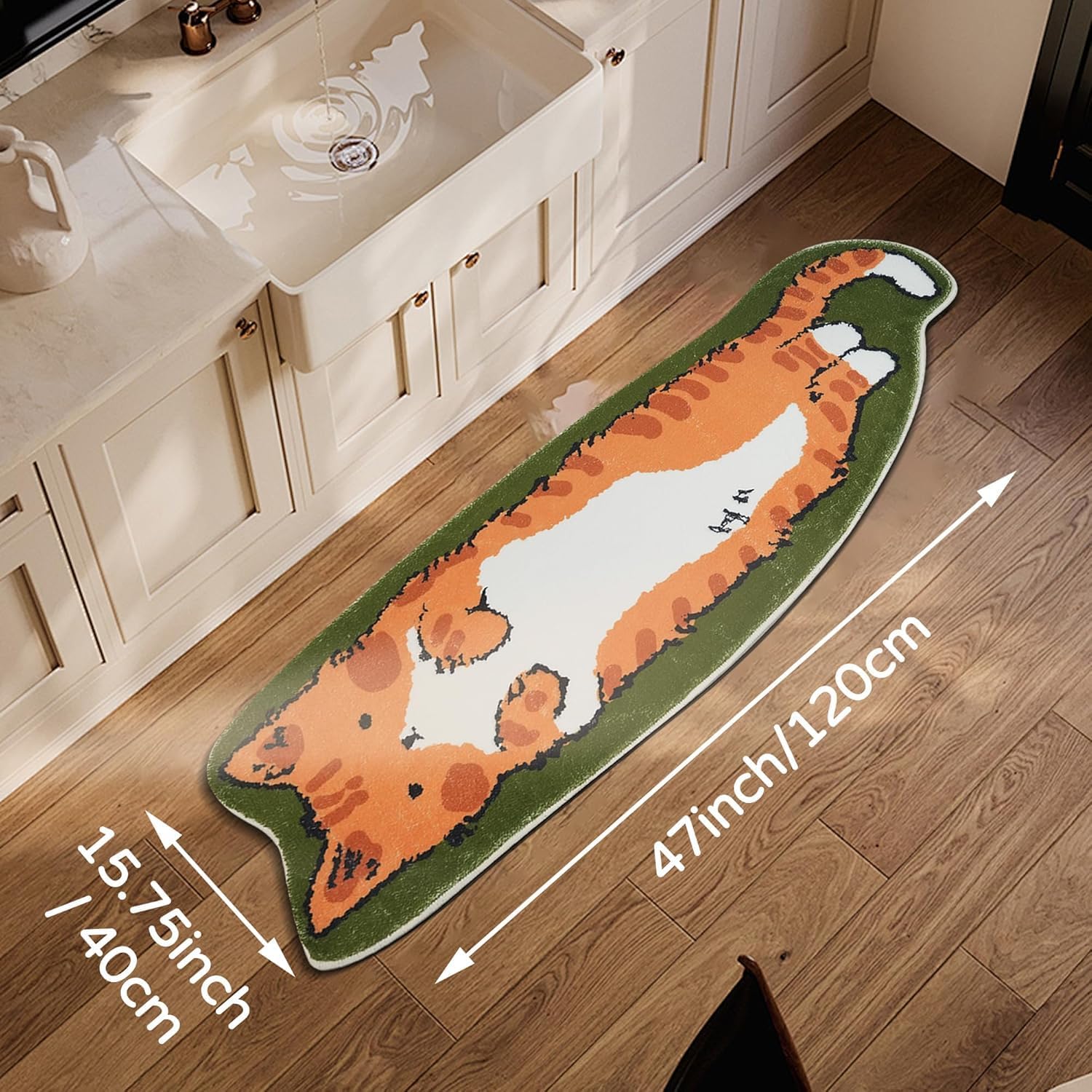 Cat Rugs, 1.3' X 3.9' Small Cute Irregular Shaped Rug for Bedroom Bathroom Room, Funny Cartoon Pet Area Carpet Rugs, Cat Decor Dog Shaped Pet and Entryway Runner Rug (A Green Cat) - Image 2