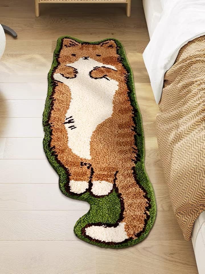 Cat Rugs, 1.3' X 3.9' Small Cute Irregular Shaped Rug for Bedroom Bathroom Room, Funny Cartoon Pet Area Carpet Rugs, Cat Decor Dog Shaped Pet and Entryway Runner Rug (A Green Cat) - Image 4