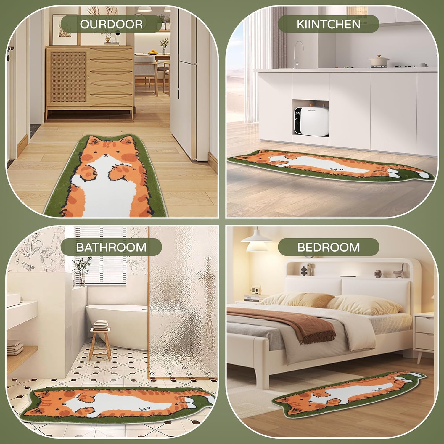 Cat Rugs, 1.3' X 3.9' Small Cute Irregular Shaped Rug for Bedroom Bathroom Room, Funny Cartoon Pet Area Carpet Rugs, Cat Decor Dog Shaped Pet and Entryway Runner Rug (A Green Cat) - Image 9