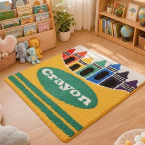 Tinideya 2.62 x 2.62 ft Crayons Reading Corner Rug Plush Non-Slip Mat for Back to Schoo Library Reading Nook Nursery Playroom Bedroom First Day of School Decor