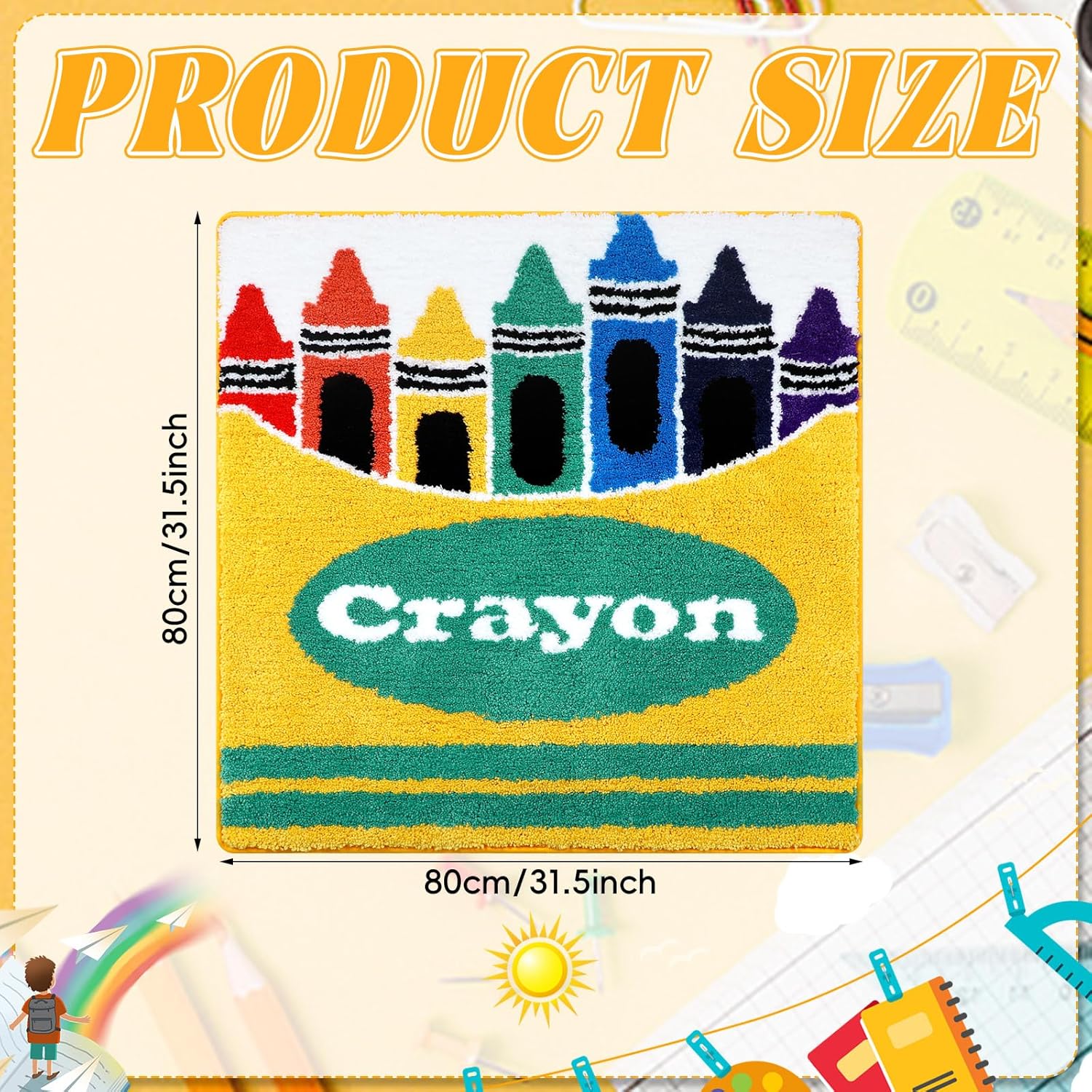 Tinideya 2.62 x 2.62 ft Crayons Reading Corner Rug Plush Non-Slip Mat for Back to Schoo Library Reading Nook Nursery Playroom Bedroom First Day of School Decor - Image 2