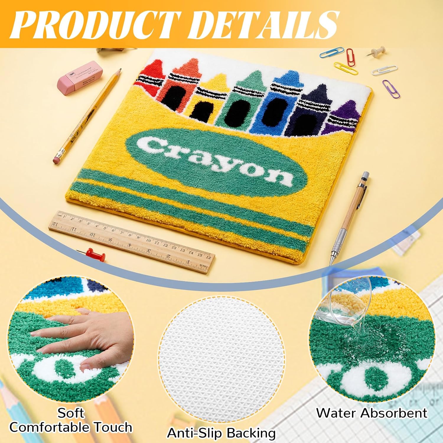 Tinideya 2.62 x 2.62 ft Crayons Reading Corner Rug Plush Non-Slip Mat for Back to Schoo Library Reading Nook Nursery Playroom Bedroom First Day of School Decor - Image 3