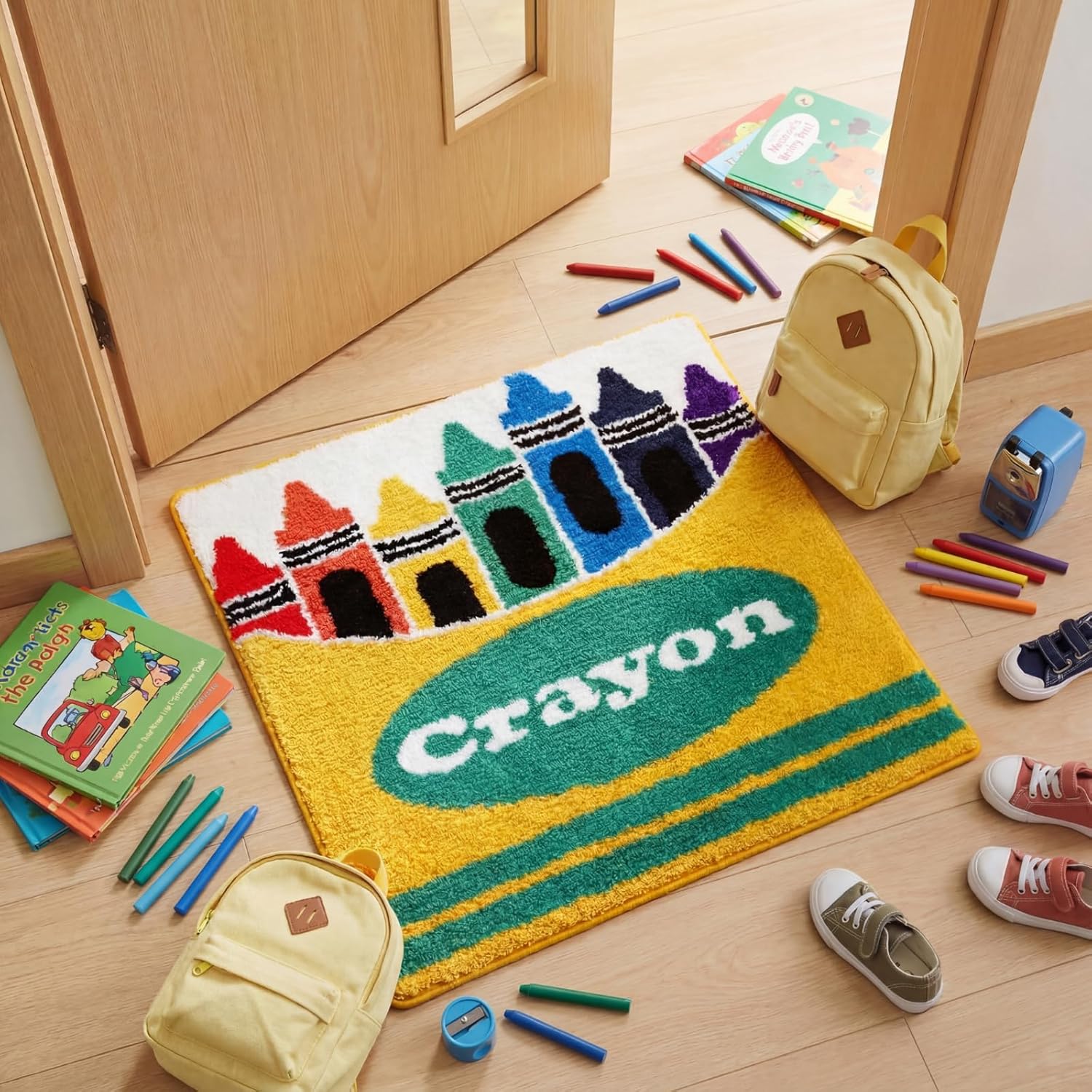 Tinideya 2.62 x 2.62 ft Crayons Reading Corner Rug Plush Non-Slip Mat for Back to Schoo Library Reading Nook Nursery Playroom Bedroom First Day of School Decor - Image 4