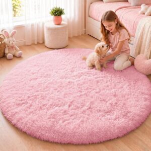 OLANLY Pink Round Rugs for Bedroom - Machine Washable, 4 ft Circle Area Rugs for Living Room, Soft and Fluffy Shaggy Carpet for Teen Girls and Boys, Nursery Rooms, Dorms, Home Decor Aesthetic