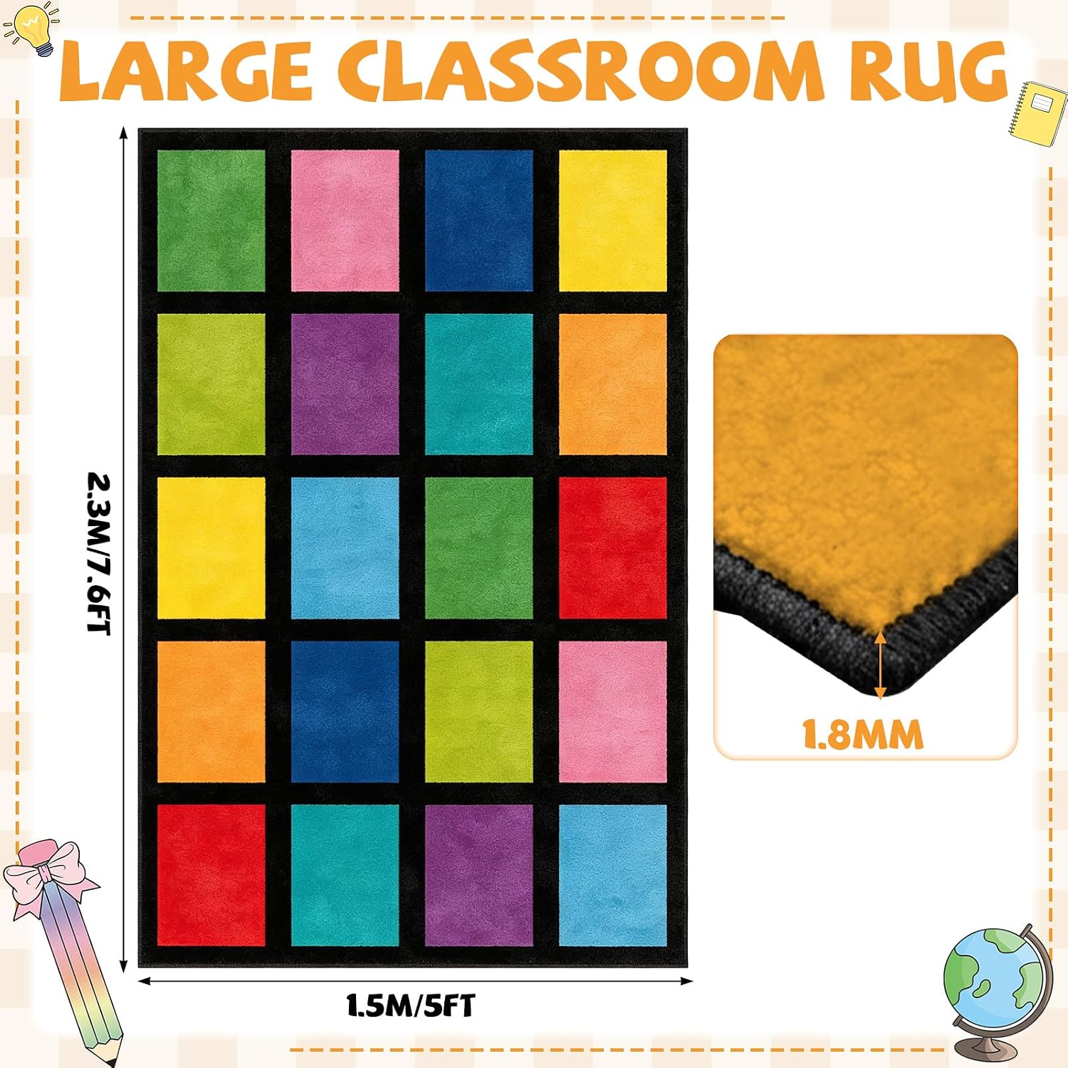 5x7.6 ft Rainbow Color Squares Classroom Rug Happy Squares Educational Area Mat Rainbow Themed Colorful Play Carpet Back to School Learning Mat for Elementary Preschool Nursery(Rainbow Color) - Image 2