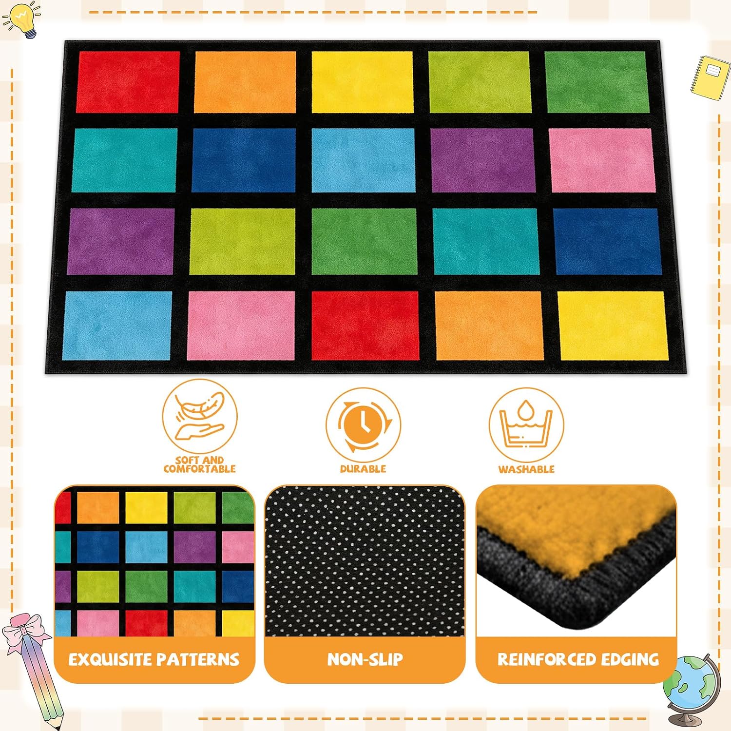5x7.6 ft Rainbow Color Squares Classroom Rug Happy Squares Educational Area Mat Rainbow Themed Colorful Play Carpet Back to School Learning Mat for Elementary Preschool Nursery(Rainbow Color) - Image 3