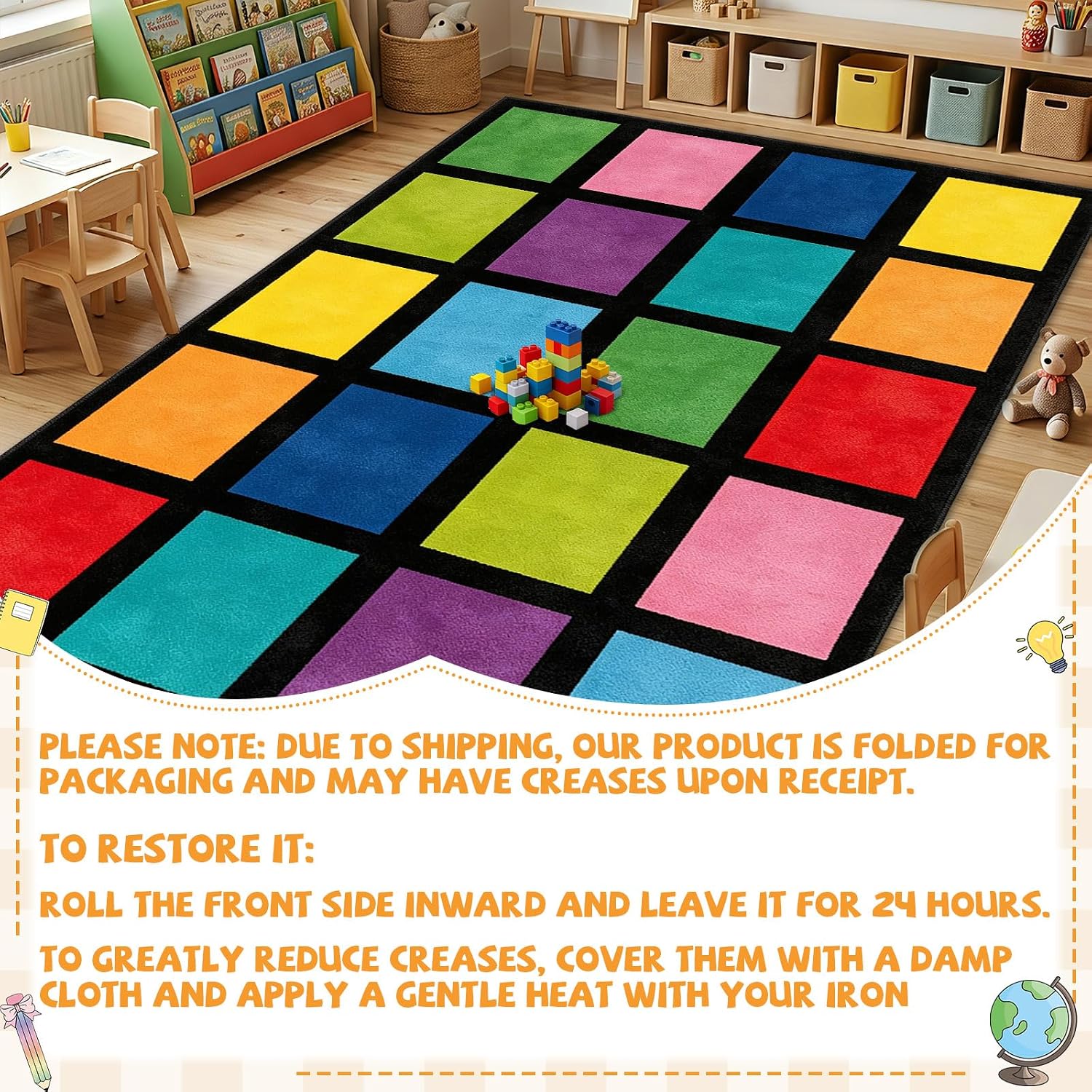 5x7.6 ft Rainbow Color Squares Classroom Rug Happy Squares Educational Area Mat Rainbow Themed Colorful Play Carpet Back to School Learning Mat for Elementary Preschool Nursery(Rainbow Color) - Image 4