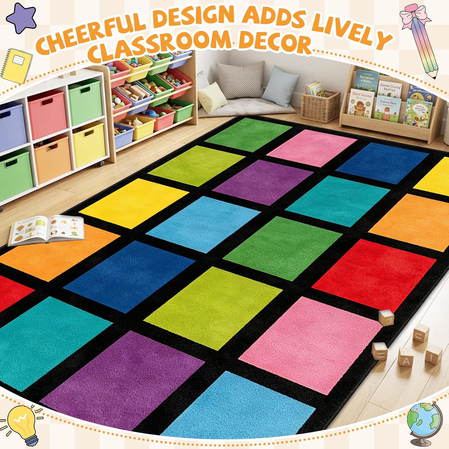 5x7.6 ft Rainbow Color Squares Classroom Rug Happy Squares Educational Area Mat Rainbow Themed Colorful Play Carpet Back to School Learning Mat for Elementary Preschool Nursery(Rainbow Color) - Image 5