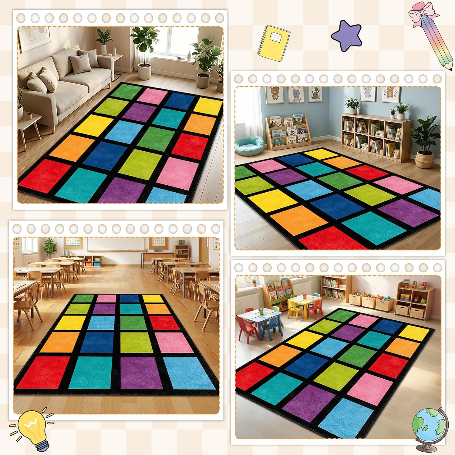 5x7.6 ft Rainbow Color Squares Classroom Rug Happy Squares Educational Area Mat Rainbow Themed Colorful Play Carpet Back to School Learning Mat for Elementary Preschool Nursery(Rainbow Color) - Image 6