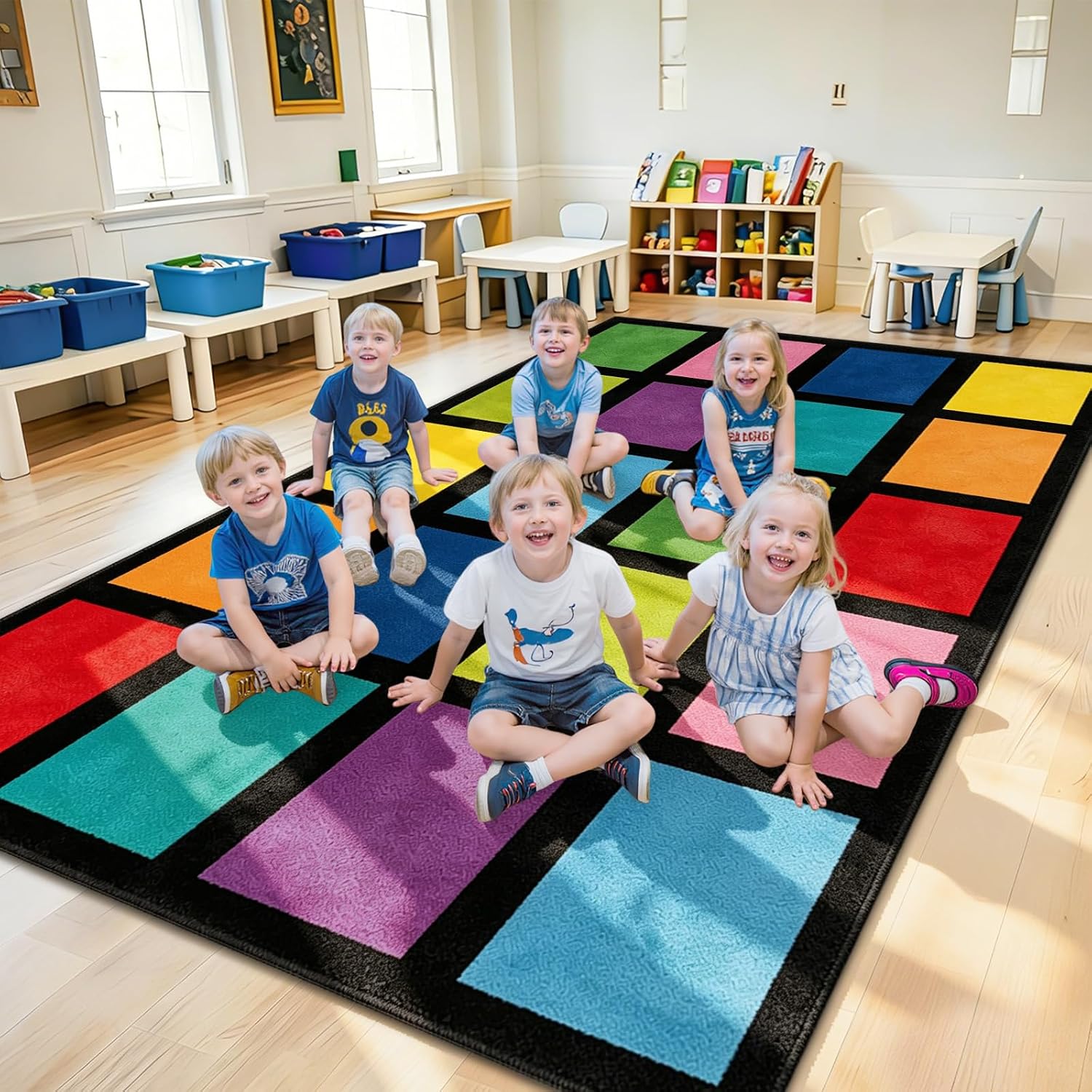5x7.6 ft Rainbow Color Squares Classroom Rug Happy Squares Educational Area Mat Rainbow Themed Colorful Play Carpet Back to School Learning Mat for Elementary Preschool Nursery(Rainbow Color) - Image 7
