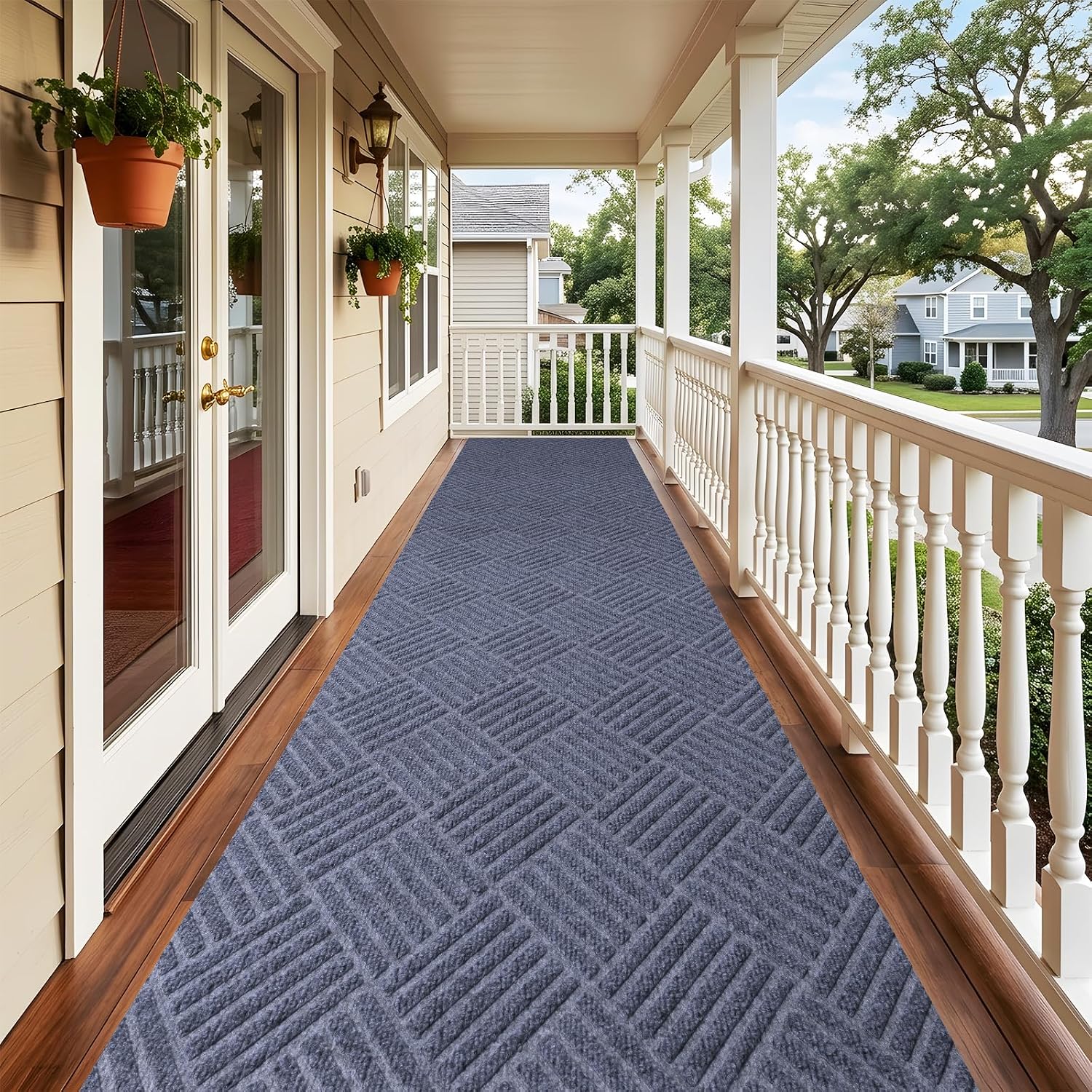 Indoor Outdoor Runner Rug 2 x 6 ft, Gray Non Slip Rubber Backed Floor Runner, Low Profile Area Carpet for Hallway, Kitchen, Entryway, Balcony, Garage, Stairs & Laundry, Geometric