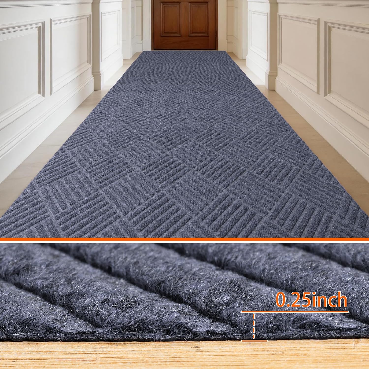 Indoor Outdoor Runner Rug 2 x 6 ft, Gray Non Slip Rubber Backed Floor Runner, Low Profile Area Carpet for Hallway, Kitchen, Entryway, Balcony, Garage, Stairs & Laundry, Geometric - Image 2