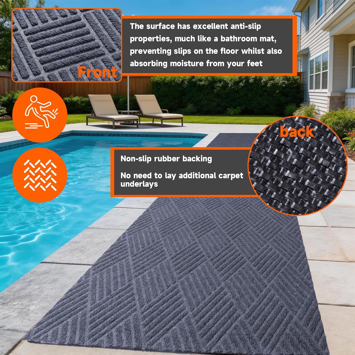 Indoor Outdoor Runner Rug 2 x 6 ft, Gray Non Slip Rubber Backed Floor Runner, Low Profile Area Carpet for Hallway, Kitchen, Entryway, Balcony, Garage, Stairs & Laundry, Geometric - Image 3