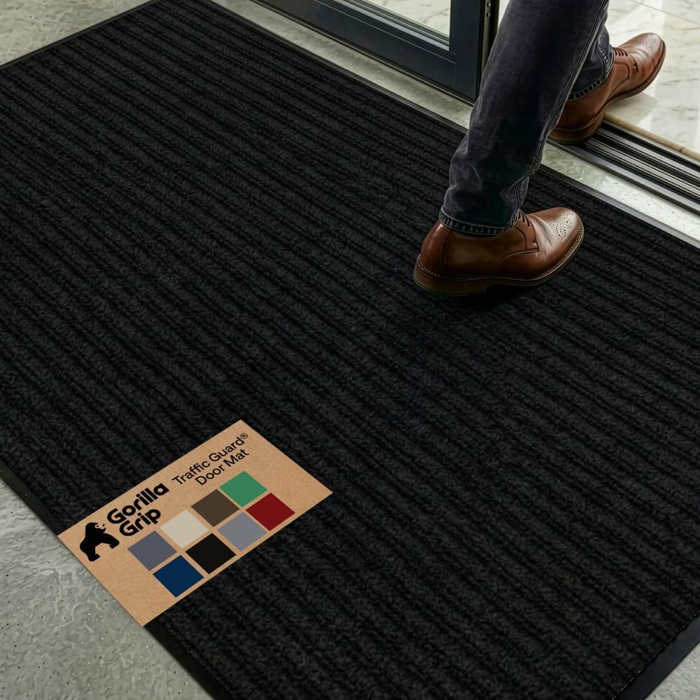 GORILLA GRIP Waterproof Traffic Guard Door Mat, 72x48, Indoor Outdoor Heavy Duty Entryway Mats, Strong Backing Commercial Utility Rugs for Office, Hallway, Garage, Patio, Low Profile Runner Rug, Black
