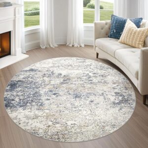 DMOYEST 6ft Round Area Rug Living Room Rugs - 6x6 Washable Large Soft Indoor Modern Abstract Low Pile Rug Carpet for Bedroom Dining Room Farmhouse Home Office - Beige Blue