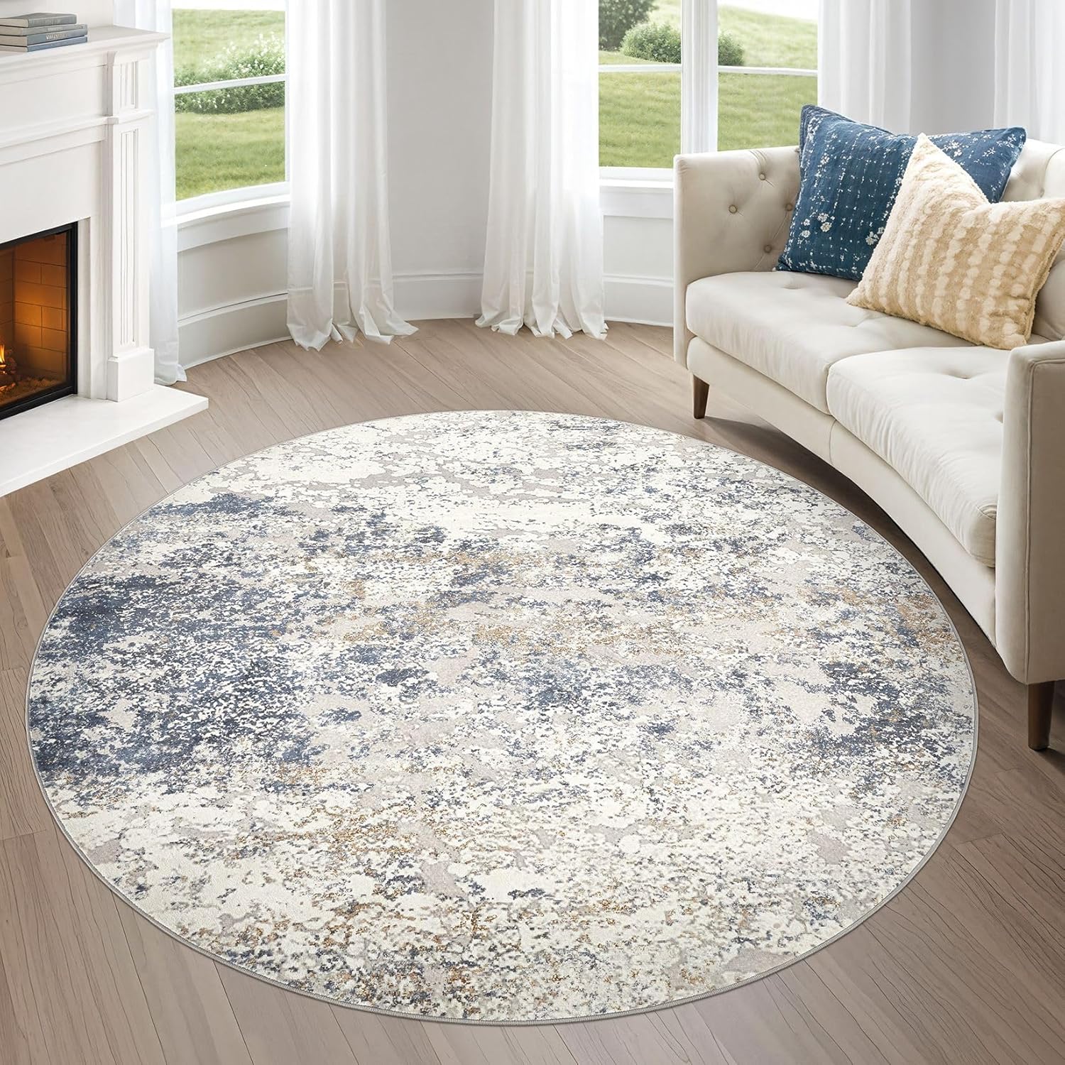 DMOYEST 6ft Round Area Rug Living Room Rugs - 6x6 Washable Large Soft Indoor Modern Abstract Low Pile Rug Carpet for Bedroom Dining Room Farmhouse Home Office - Beige Blue