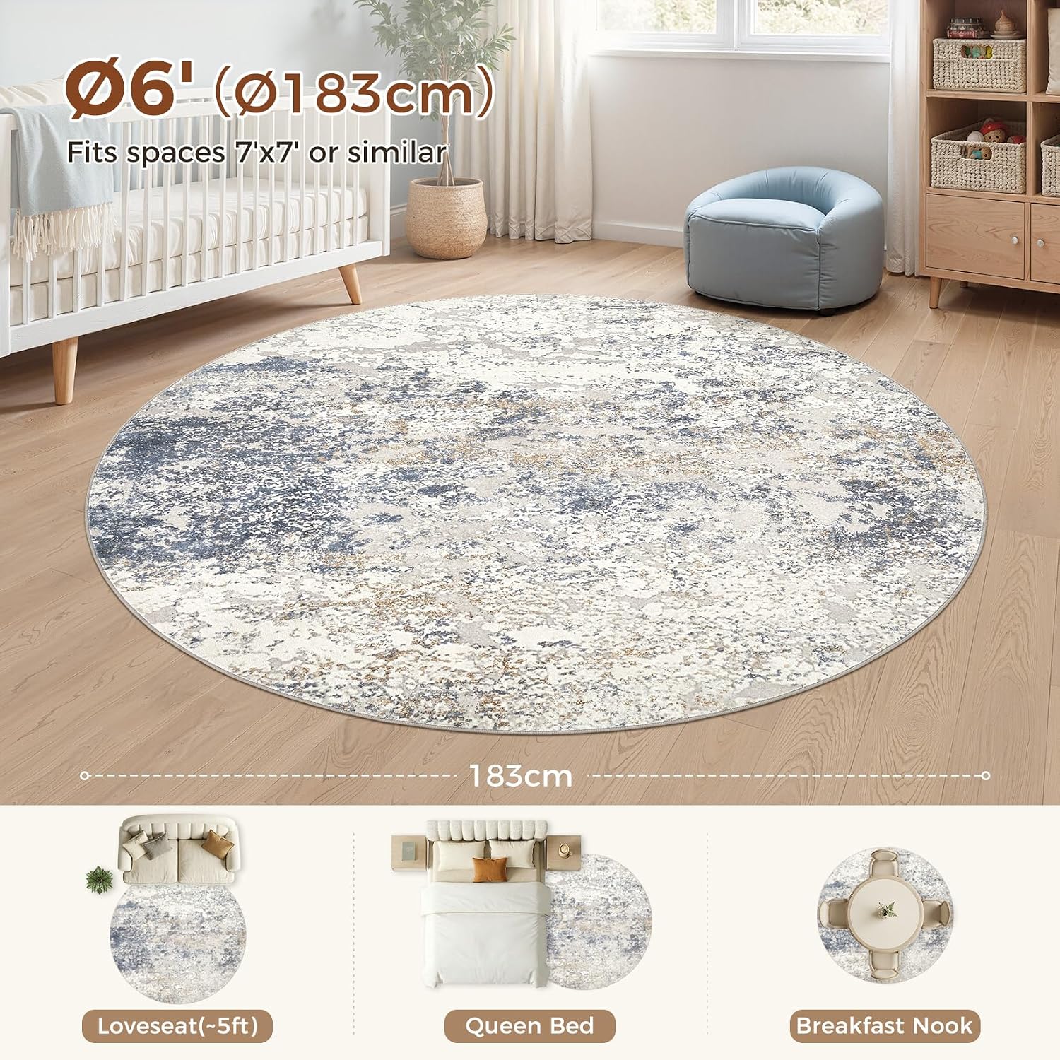 DMOYEST 6ft Round Area Rug Living Room Rugs - 6x6 Washable Large Soft Indoor Modern Abstract Low Pile Rug Carpet for Bedroom Dining Room Farmhouse Home Office - Beige Blue - Image 3