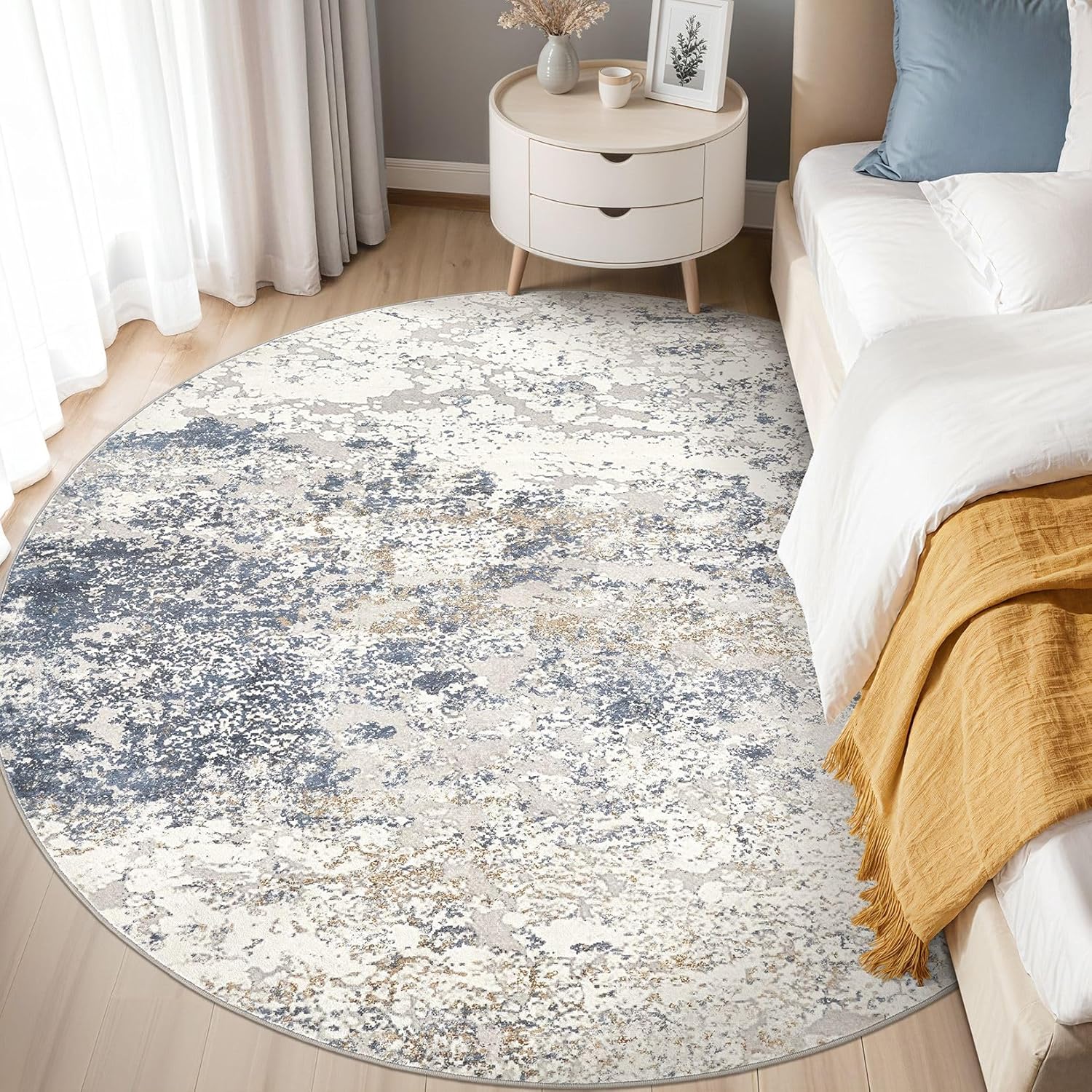 DMOYEST 6ft Round Area Rug Living Room Rugs - 6x6 Washable Large Soft Indoor Modern Abstract Low Pile Rug Carpet for Bedroom Dining Room Farmhouse Home Office - Beige Blue - Image 4