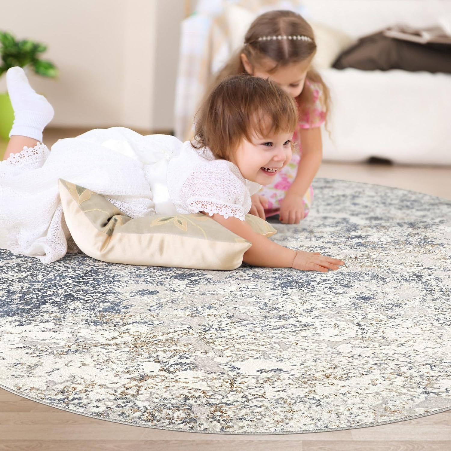 DMOYEST 6ft Round Area Rug Living Room Rugs - 6x6 Washable Large Soft Indoor Modern Abstract Low Pile Rug Carpet for Bedroom Dining Room Farmhouse Home Office - Beige Blue - Image 6