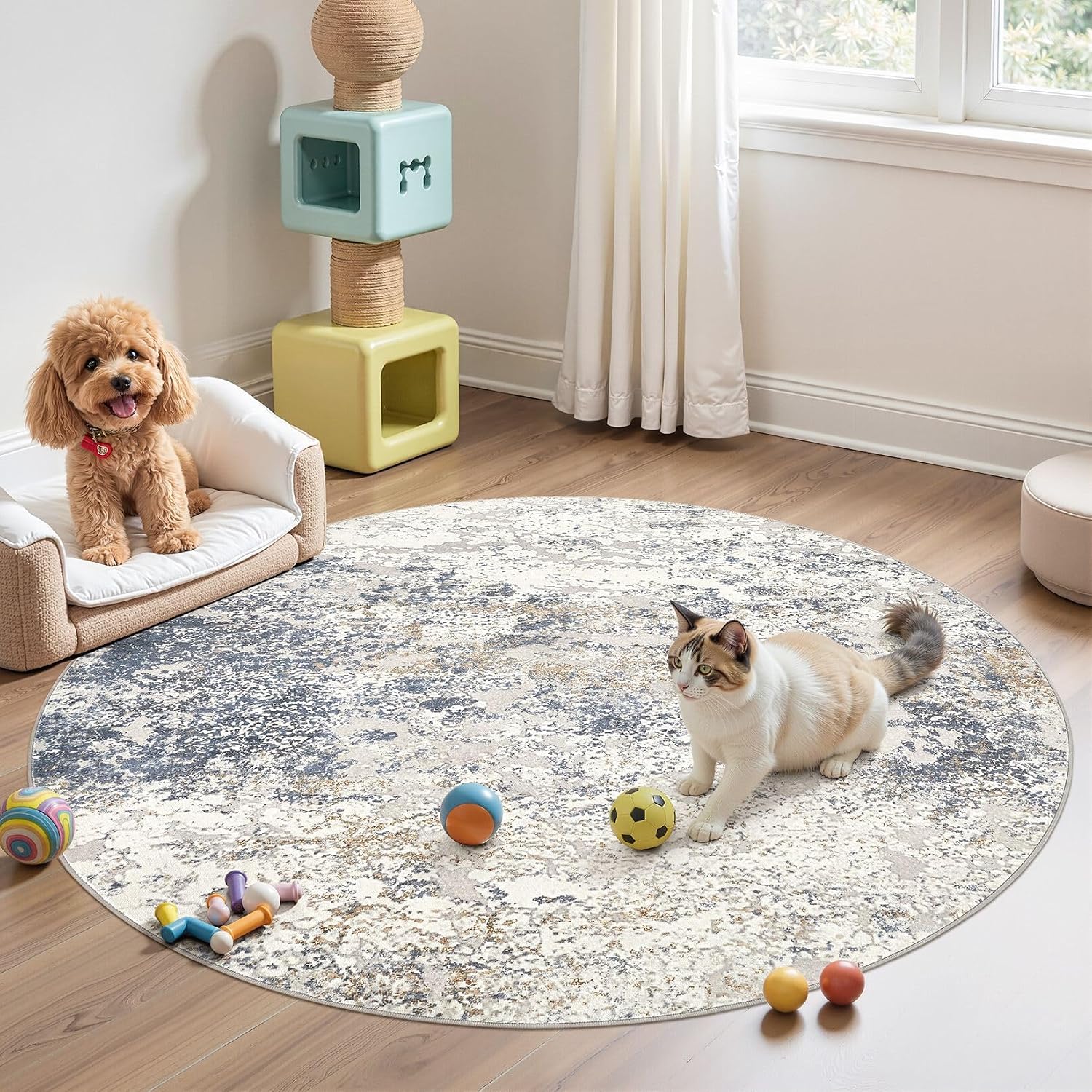 DMOYEST 6ft Round Area Rug Living Room Rugs - 6x6 Washable Large Soft Indoor Modern Abstract Low Pile Rug Carpet for Bedroom Dining Room Farmhouse Home Office - Beige Blue - Image 7