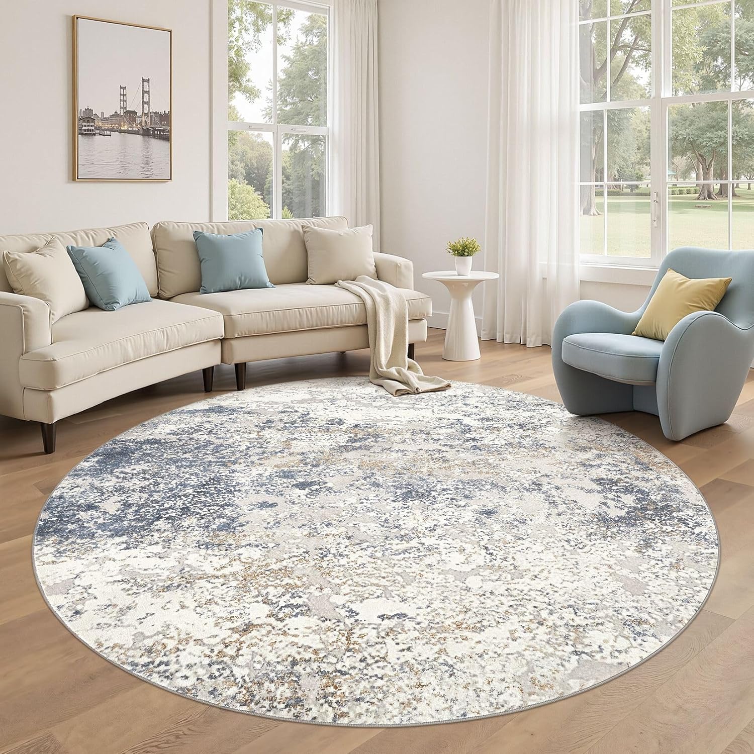 DMOYEST 6ft Round Area Rug Living Room Rugs - 6x6 Washable Large Soft Indoor Modern Abstract Low Pile Rug Carpet for Bedroom Dining Room Farmhouse Home Office - Beige Blue - Image 8