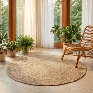 THE BEER VALLEY Jute Braided Area Rug, Natural, 4 Feet Round | Reversible Handwoven Farmhouse Circle Rugs for Living Room, Bedroom, Nursery, Kitchen - Rustic Floor Mat for Porch Décor
