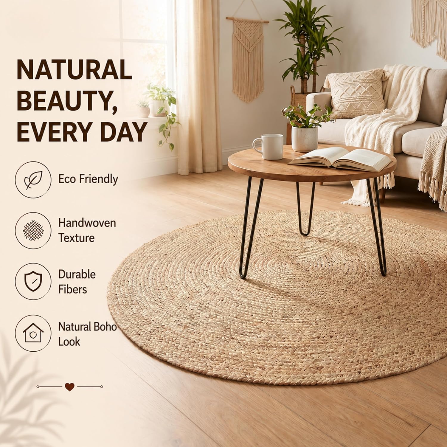 THE BEER VALLEY Jute Braided Area Rug, Natural, 4 Feet Round | Reversible Handwoven Farmhouse Circle Rugs for Living Room, Bedroom, Nursery, Kitchen - Rustic Floor Mat for Porch Décor - Image 2