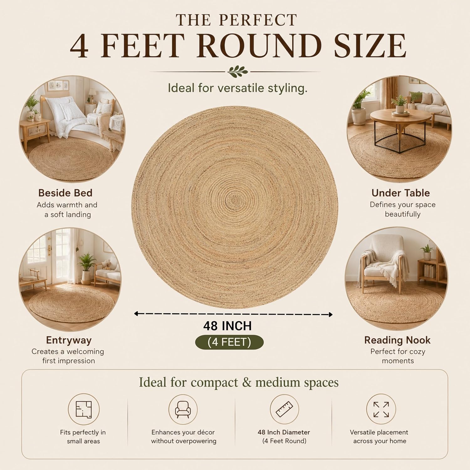 THE BEER VALLEY Jute Braided Area Rug, Natural, 4 Feet Round | Reversible Handwoven Farmhouse Circle Rugs for Living Room, Bedroom, Nursery, Kitchen - Rustic Floor Mat for Porch Décor - Image 5