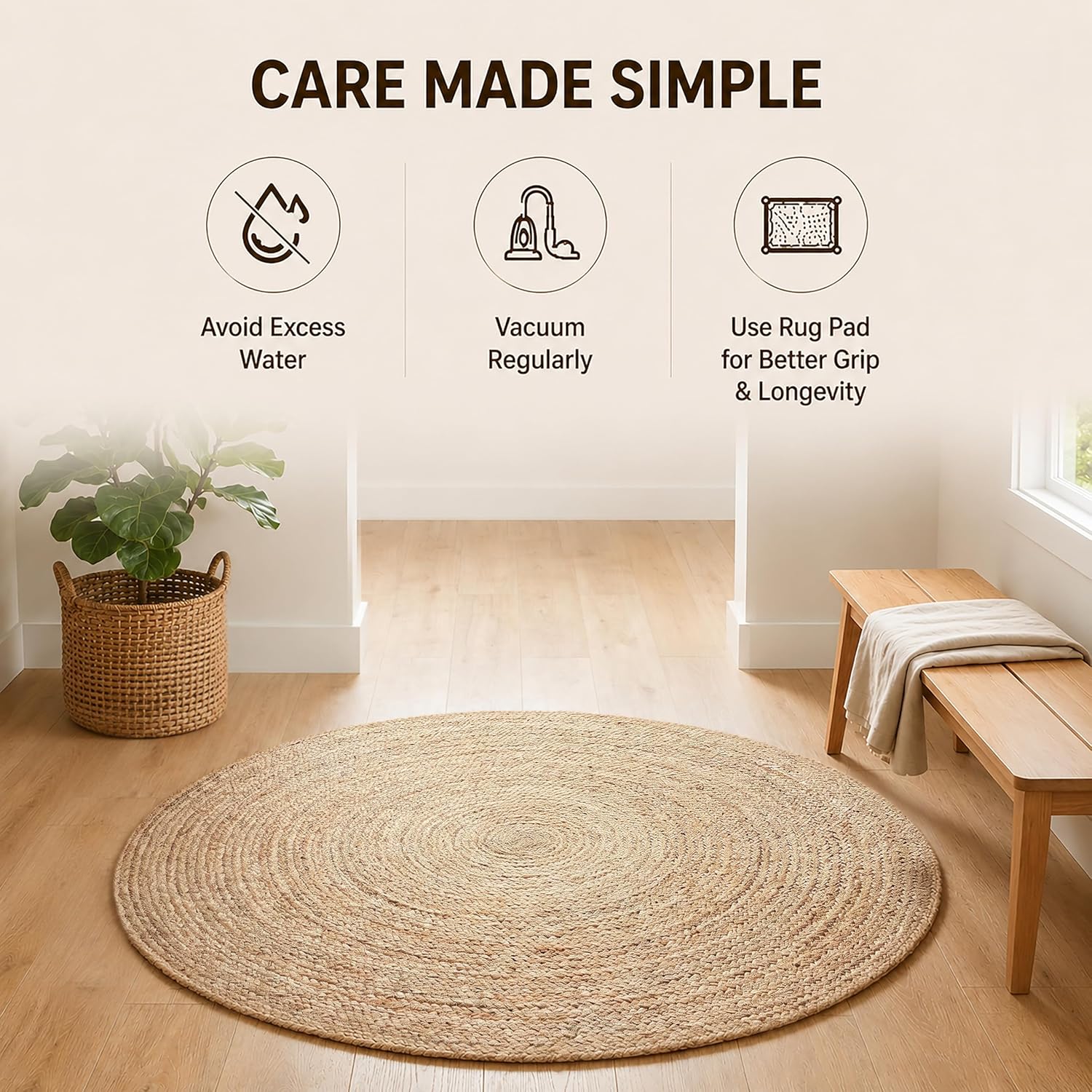 THE BEER VALLEY Jute Braided Area Rug, Natural, 4 Feet Round | Reversible Handwoven Farmhouse Circle Rugs for Living Room, Bedroom, Nursery, Kitchen - Rustic Floor Mat for Porch Décor - Image 9