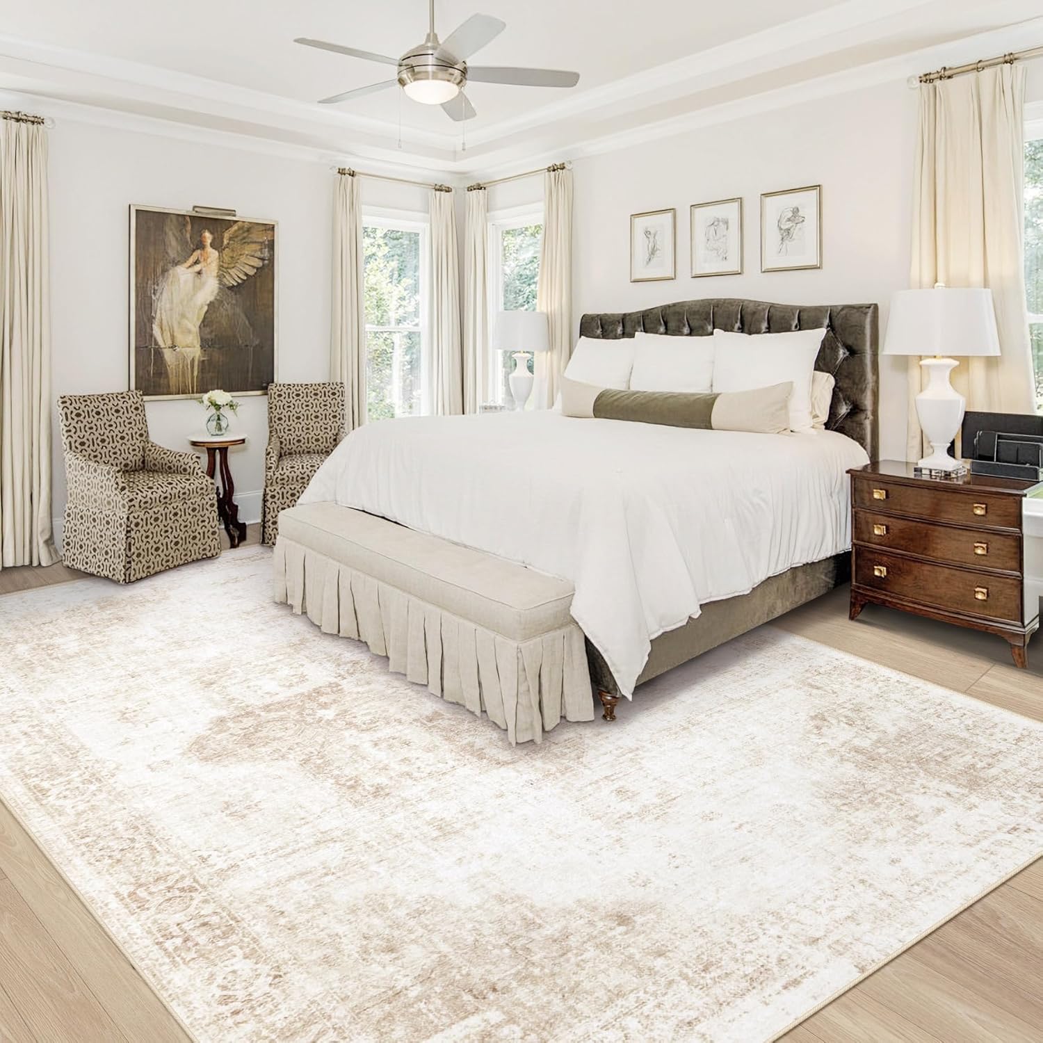 Area Rug 9x12 Washable Rug, Vintage Boho Medallion Rugs Non-Slip Soft Low Pile Large Distressed Rug Indoor Retro Carpet for Living Room Bedroom Dining Room Home Office (Beige, 9'x12') - Image 2