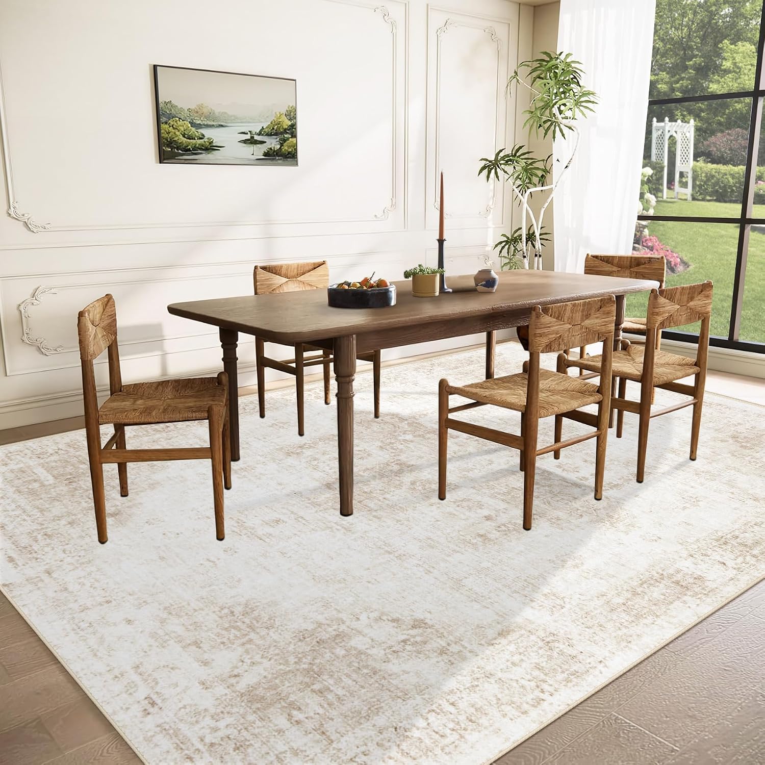 Area Rug 9x12 Washable Rug, Vintage Boho Medallion Rugs Non-Slip Soft Low Pile Large Distressed Rug Indoor Retro Carpet for Living Room Bedroom Dining Room Home Office (Beige, 9'x12') - Image 3