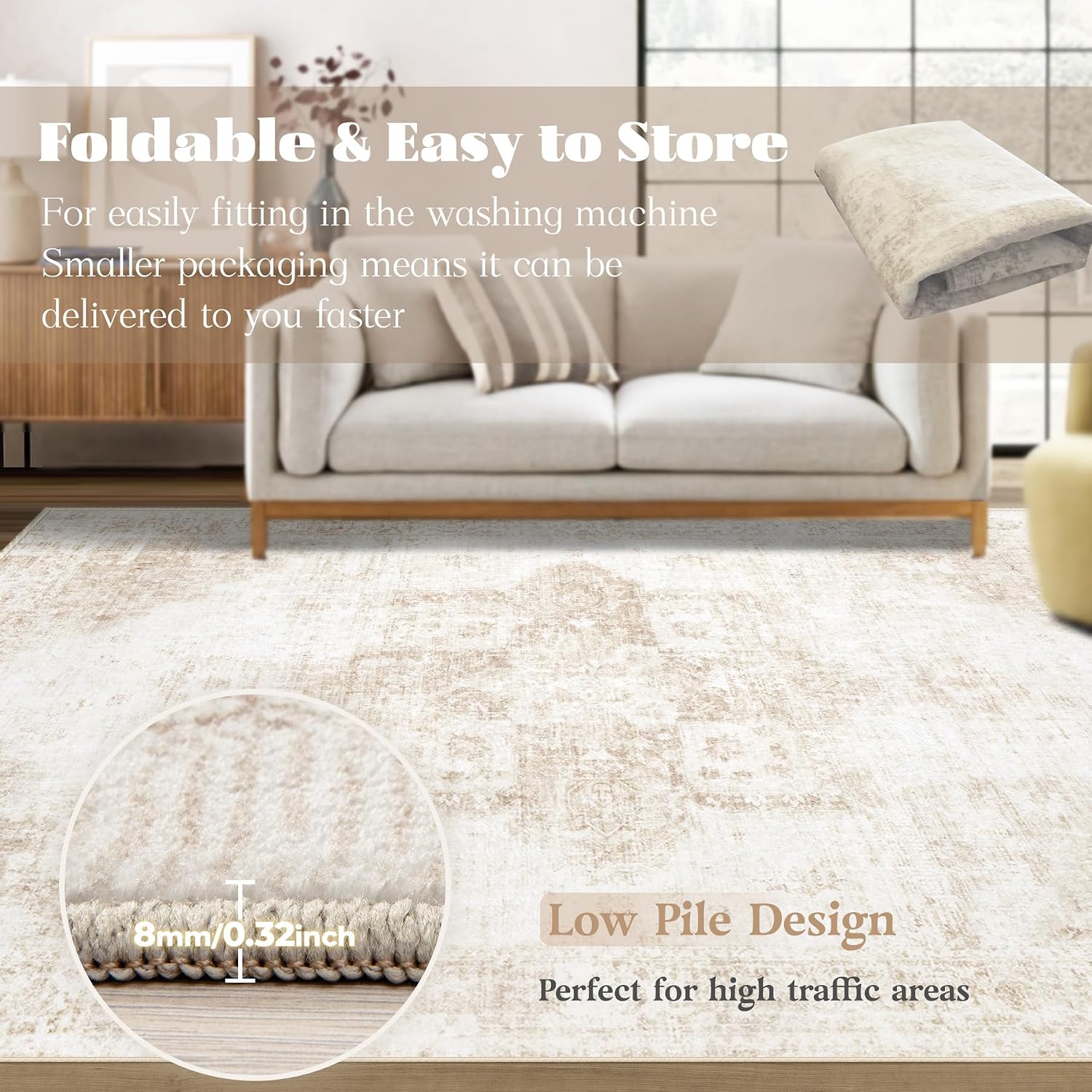 Area Rug 9x12 Washable Rug, Vintage Boho Medallion Rugs Non-Slip Soft Low Pile Large Distressed Rug Indoor Retro Carpet for Living Room Bedroom Dining Room Home Office (Beige, 9'x12') - Image 7